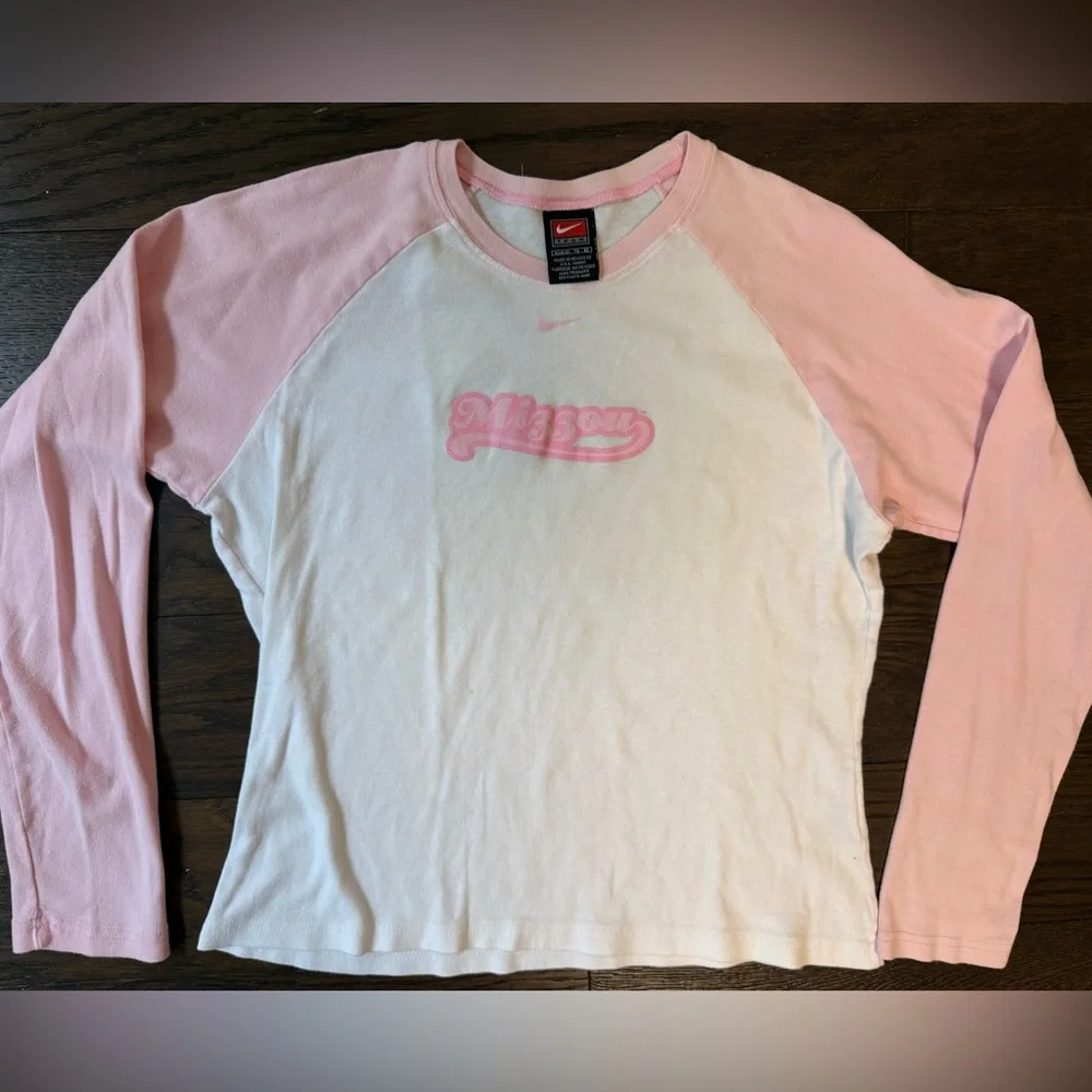 Y2K Raglan Baseball Tee Nike Shirt Pink Mizzou College Baby Tee Sparkle Logo